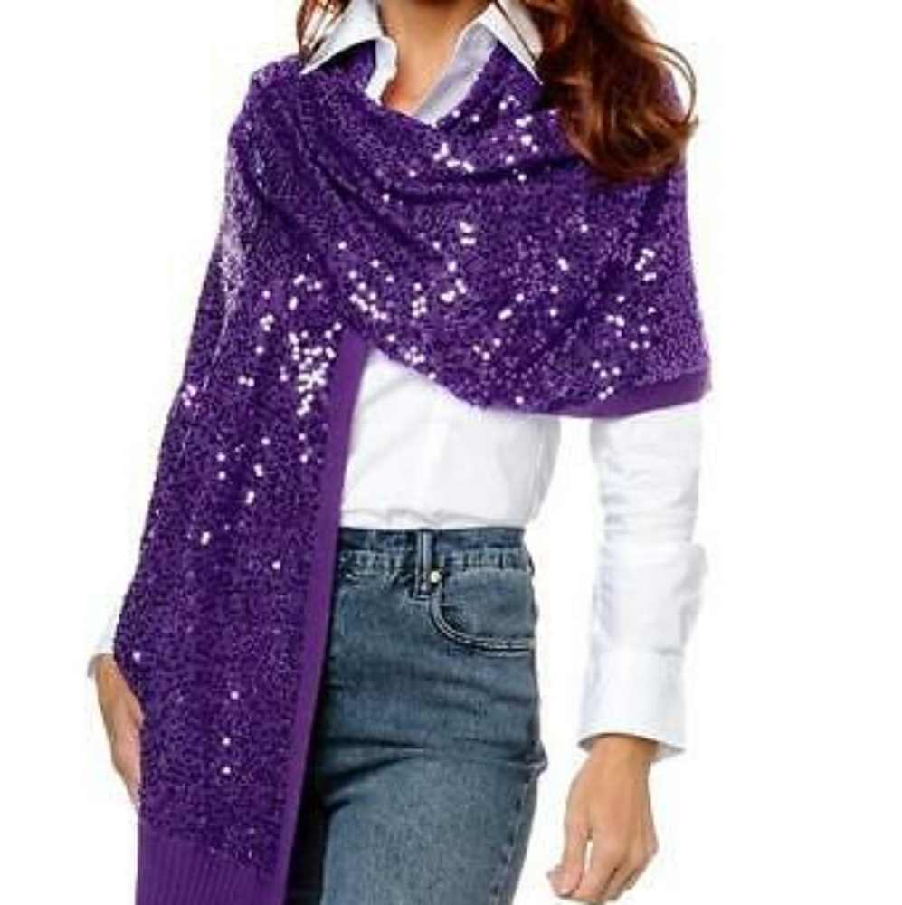 IMAN Purple Knit Glitter Sequin Fringe Shawl O/S